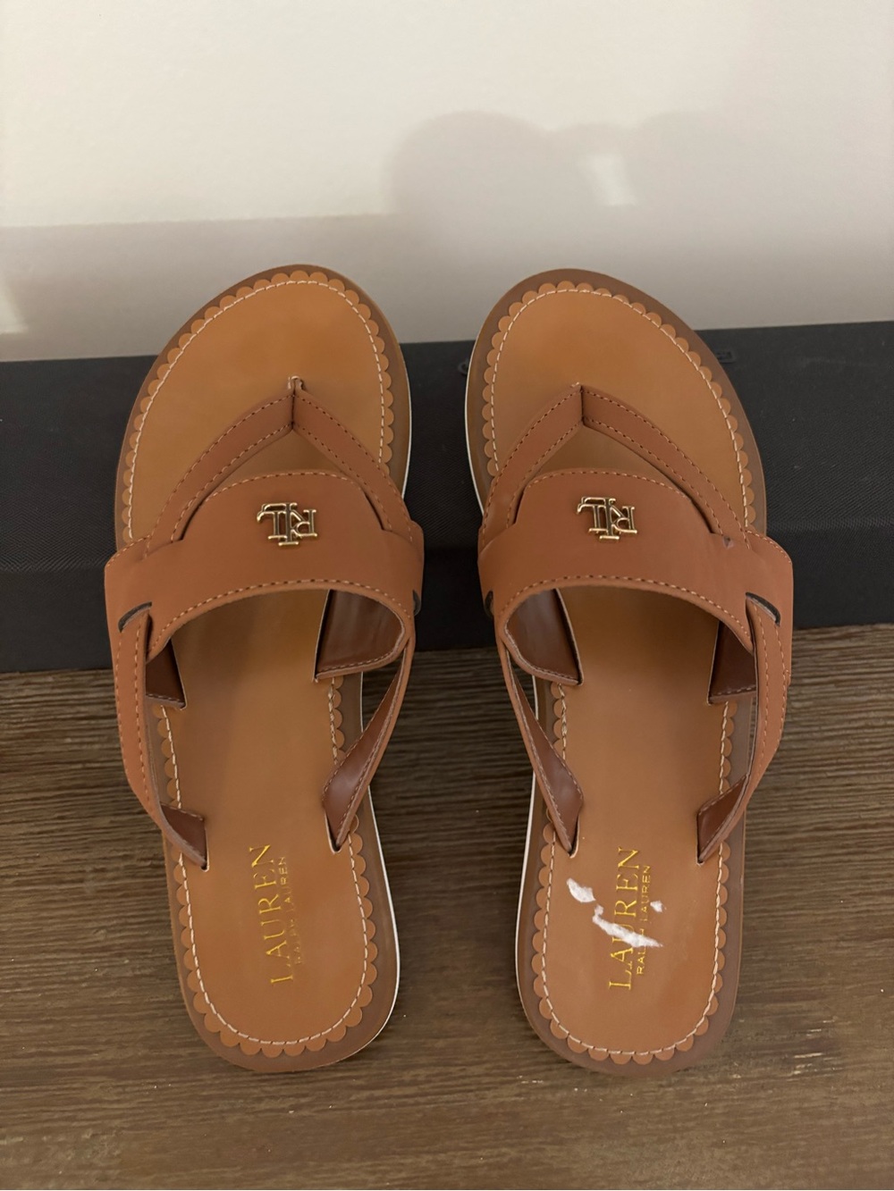 Lauren Ralph Lauren Brown Leather Thong Sandals with Gold Logo